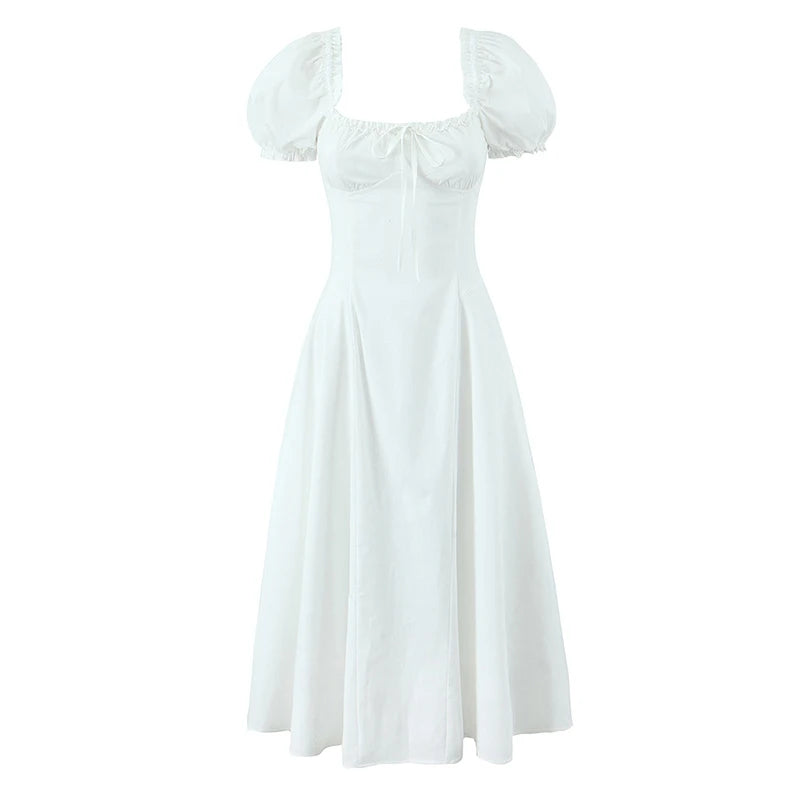 New Women Sexy Off Shoulder Elegant Party Dresses Short Sleeve Lace Up Back A-line Midi Summer Dress Blue White Robe