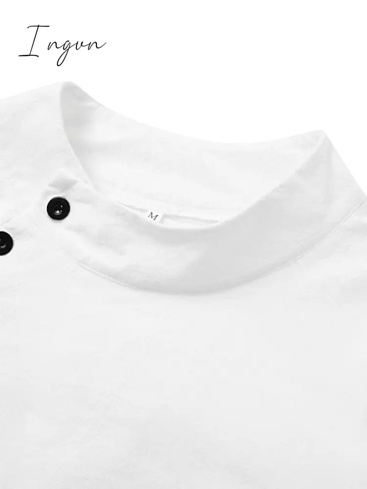 Ingvn - Women's Cotton Linen Dress Casual Dress Shift Dress Midi Dress Cotton Blend Fashion Basic Outdoor Daily Vacation Stand Collar Button Half Sleeve Summer Spring 2023 Black White Blue Plain S M L