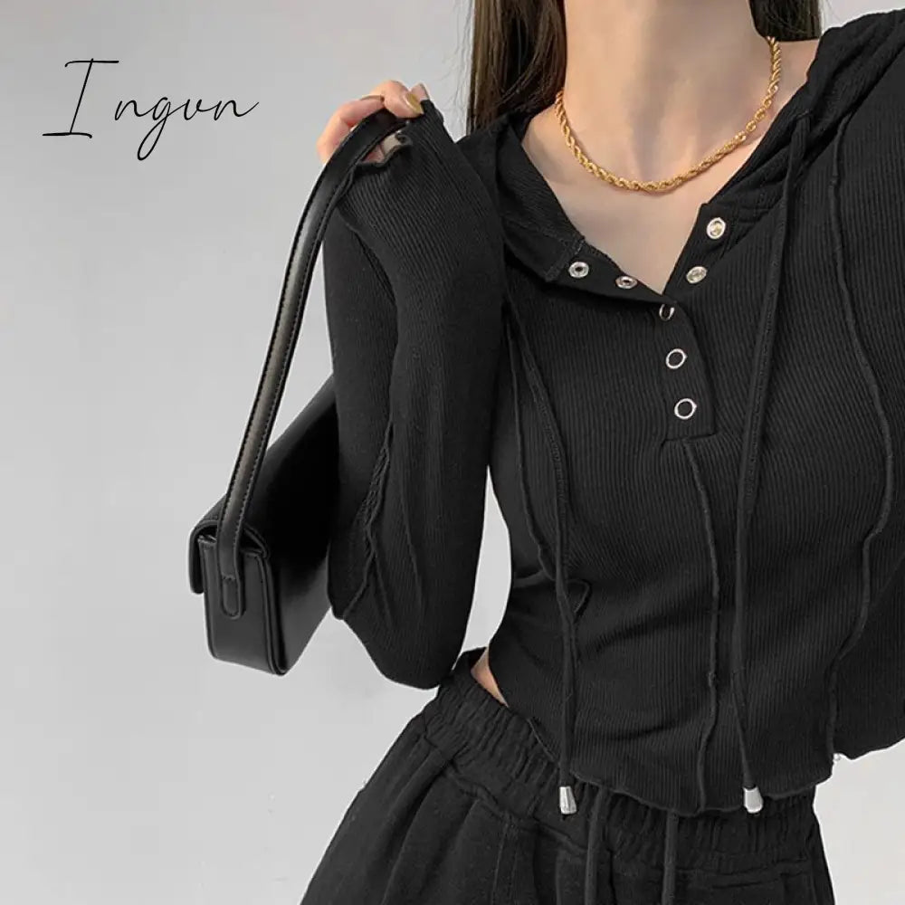 Ingvn - Crop Tops 2023 Fashion T-shirts for Women Hooded Sweatshirt Long Sleeve Tees Y2k Clothes Korean Casual Woman Tshirts Ropa Mujer