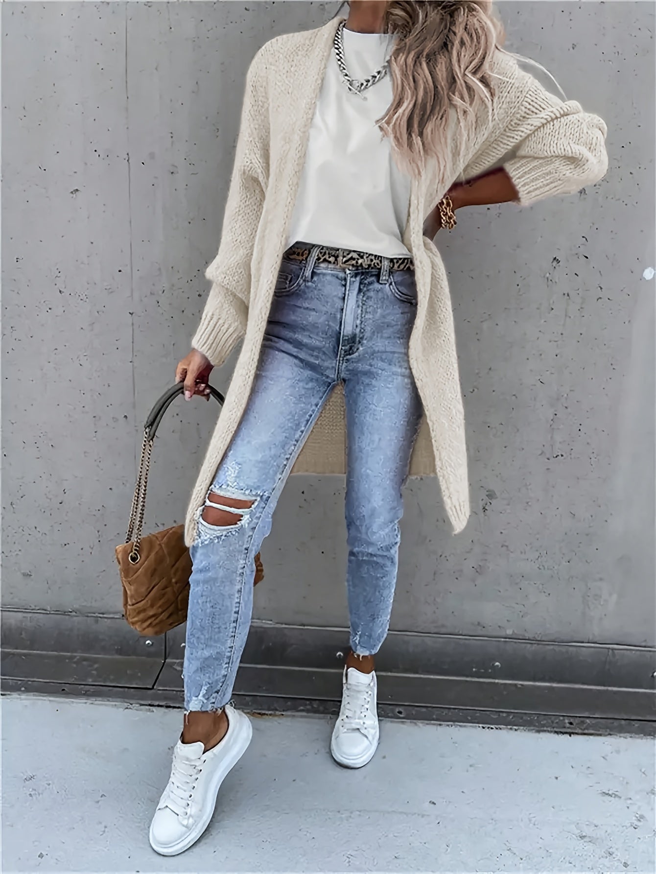 Stylish Solid Color Long Sleeve Mid-Length Open Front Cardigan - Women's Elegant Cardigans for Spring & Fall - Comfortable, Versatile, and Chic Clothing for Everyday Wear
