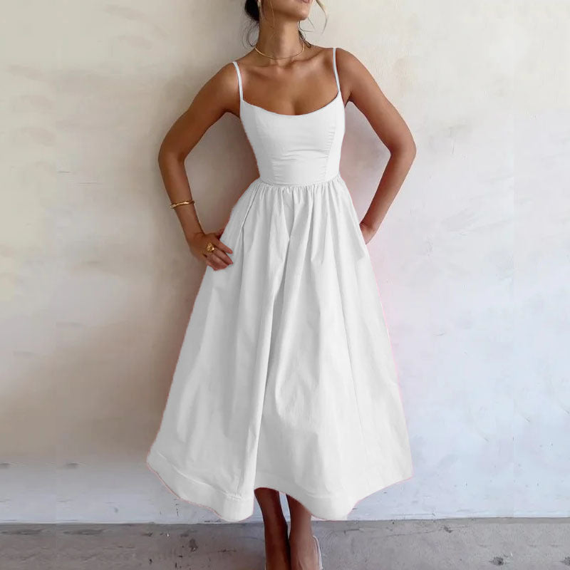 Women's Trade Summer New Solid Color Sexy U-collar Waist Pleated Sling dress