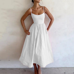 Women's Trade Summer New Solid Color Sexy U-collar Waist Pleated Sling dress