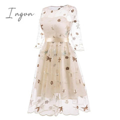 Ingvn - Spring Outfits New Summer Floral Print Embroidery Tulle Female Dress Sweet Elegant High Waist Lace Up A-line Mesh Women Dresses 2XL
