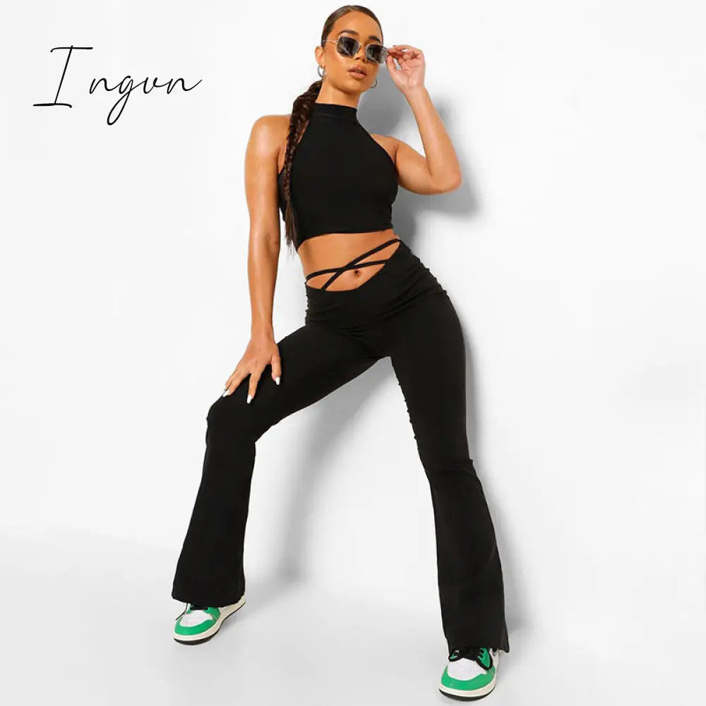 Ingvn - Fashion Trends Cyber Y2k Flare Pants E Girl Style Sexy Strechy Trousers Women Lace Up V Waist Low Rise Harajuku Black Pants C85-BB22