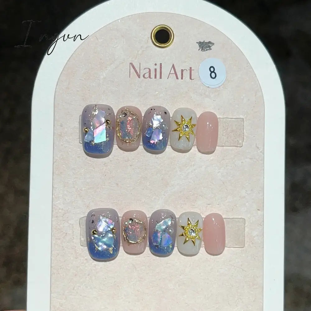 10Pcs Pink Cute Handmade Press on Nails Full Cover Bear Rhinestone Summer French Short False Nails Wearable Manicure Nail Tips