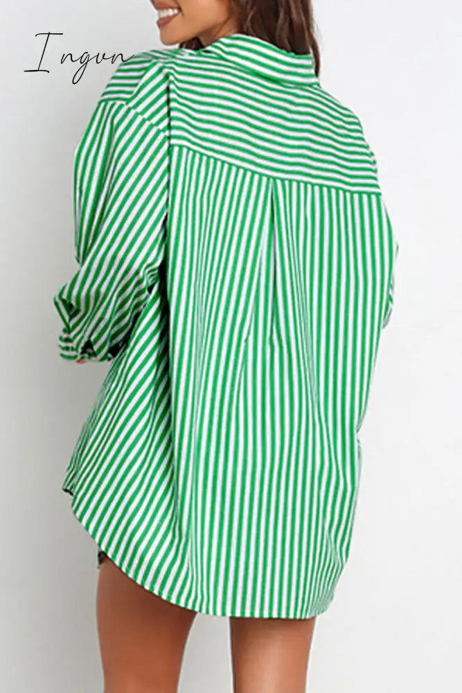 Ingvn - Casual Daily Striped Frenulum Turndown Collar Long Sleeve Two Pieces