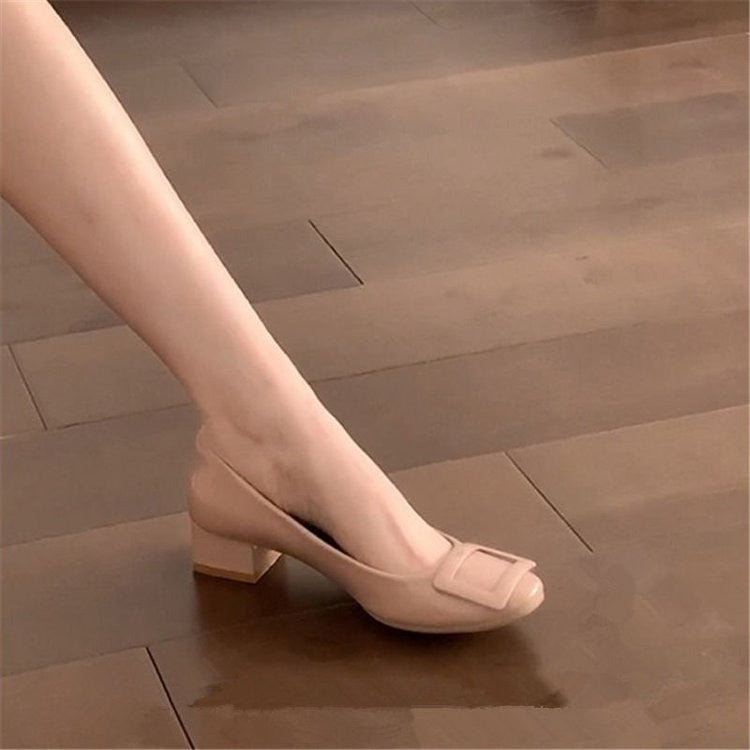 Naked Pink Single-layer Shoes Women's New Spring Classic Square Buckle Patent Leather All-match Thick Heel Commuter Women's Shoes Round Toe Shallow Mouth