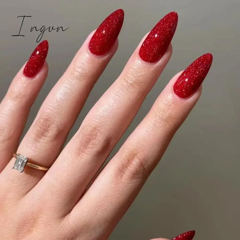 24pcs Short Glitter Purple False Nails  Almond Stiletto French Wearable Fake Nails Art Artificial Full Cover Press on Nail Tips