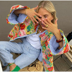 Vintage Print Thick Cotton Jacket Women Loose Flare Sleeve Autumn Winter Jacket Female Fashion O-Neck Ladies Outwear New