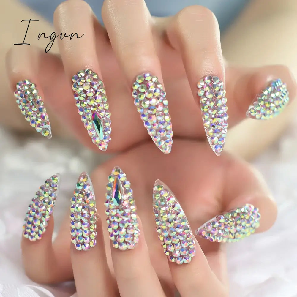 Extra Long Stiletto Press on False Nails Full Cover 3D Rhinestone Fake Nails Manicure Nail Art Tips Set for Wedding Party