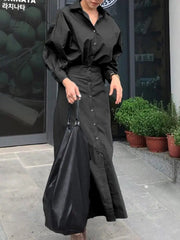 Ingvn - 2023 Fashion Female A Line Robe Solid Lapel Vestidos Women Casual Long Sleeve Dresses Elegant Maxi Shirt Dress Oversized