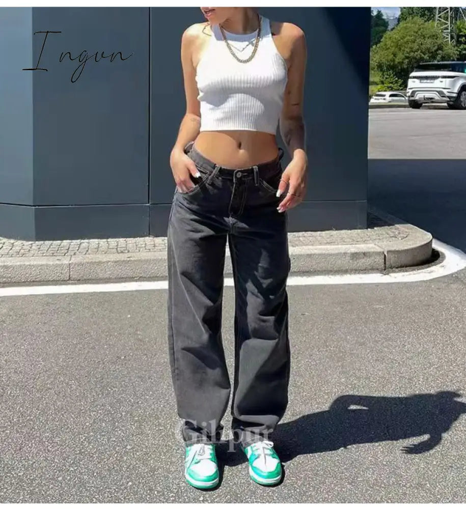 Ingvn - Hot Sell Quality Low Waist Jeans Women Baggy Jeans 2023 New Fashion Straight Leg Pants Y2k Denim Trousers Vintage Loose Blue Washed Mom Jeans