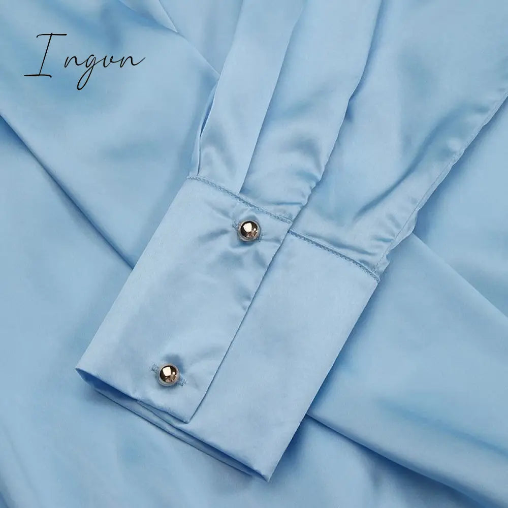 Ingvn - Women Satin Wrap Shirts 2023 Fashion Deep V Neck Blouses Casual Elegant Solid Long Sleeve Top Tunic Blusas Feminina