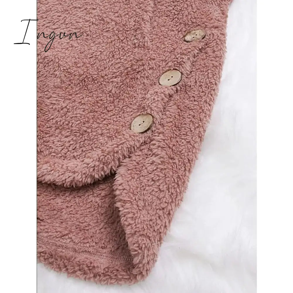 Ingvn - Women's Fleece Jacket Pullover Sherpa Fleece Teddy Button Front Pocket claret turmeric Black Solid Color Street Hoodie Plus Size Long Sleeve Fleece