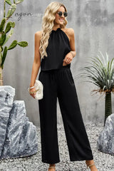 Ingvn - Grecian Neck Sleeveless Pocketed Top and Pants Set