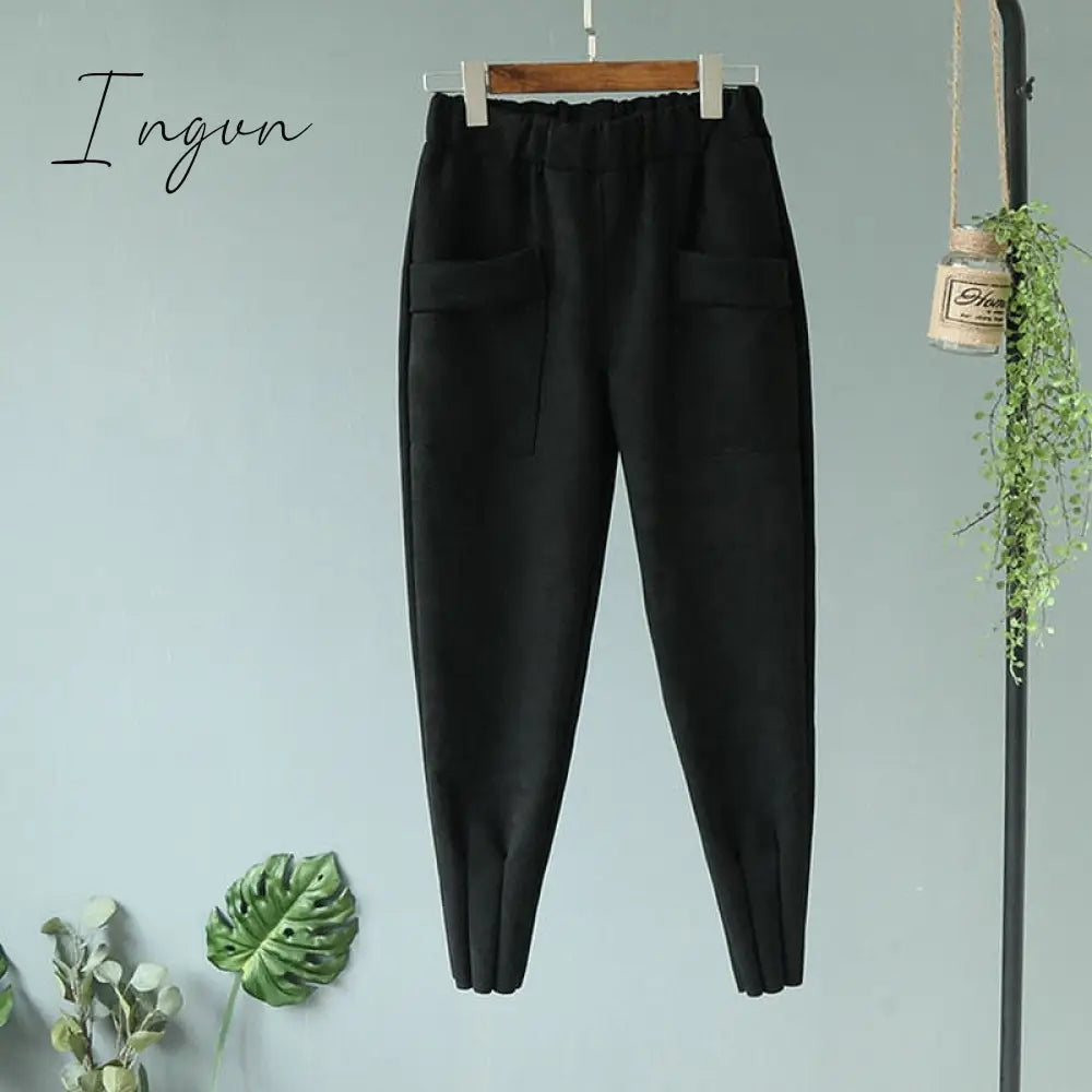 Ingvn - Casual Autumn Winter Women Pants Korean Elastic High Waist Pockets Suede Harem Pants Trousers Women Pantalon Femme