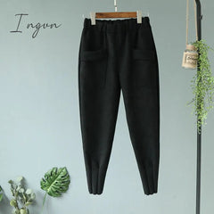 Ingvn - Casual Autumn Winter Women Pants Korean Elastic High Waist Pockets Suede Harem Pants Trousers Women Pantalon Femme