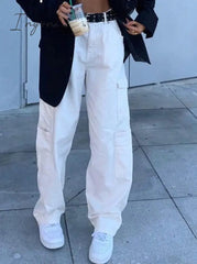 Ingvn - Fashion Streetwear Women Jeans Pocket High Waist Jeans Korean Casual Straight Harajuku Denim Pants Baggy New Cargo Pants