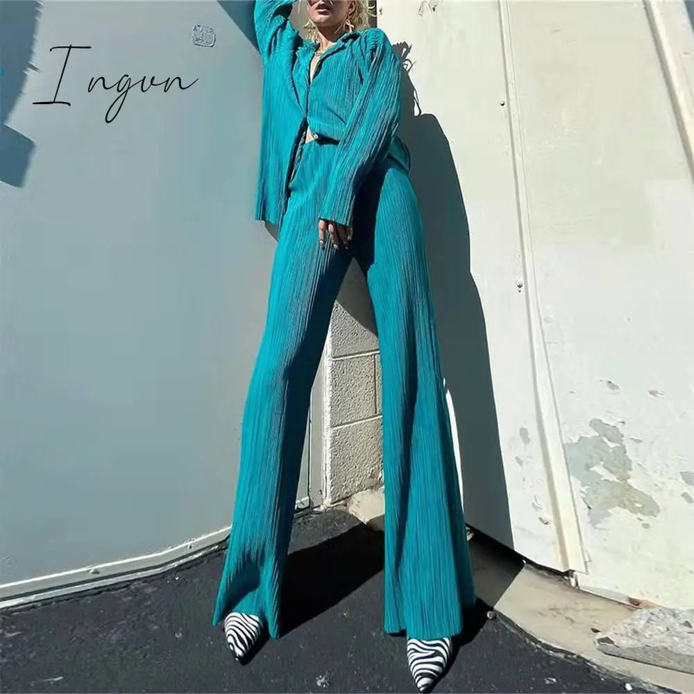 Ingvn - Women Pleated 2 Piece Pants Sets Spring Summer Streetwear Long Sleeve Button Down Shirt+Straight-Leg Pants Loose Outfits