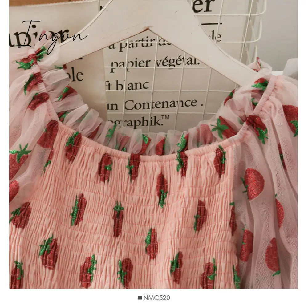 Ingvn - Strawberry Dress Women French Style Lace Chiffon Sweet Dress Casual Puff Sleeve Elegant Printed Kawaii Dress Women New
