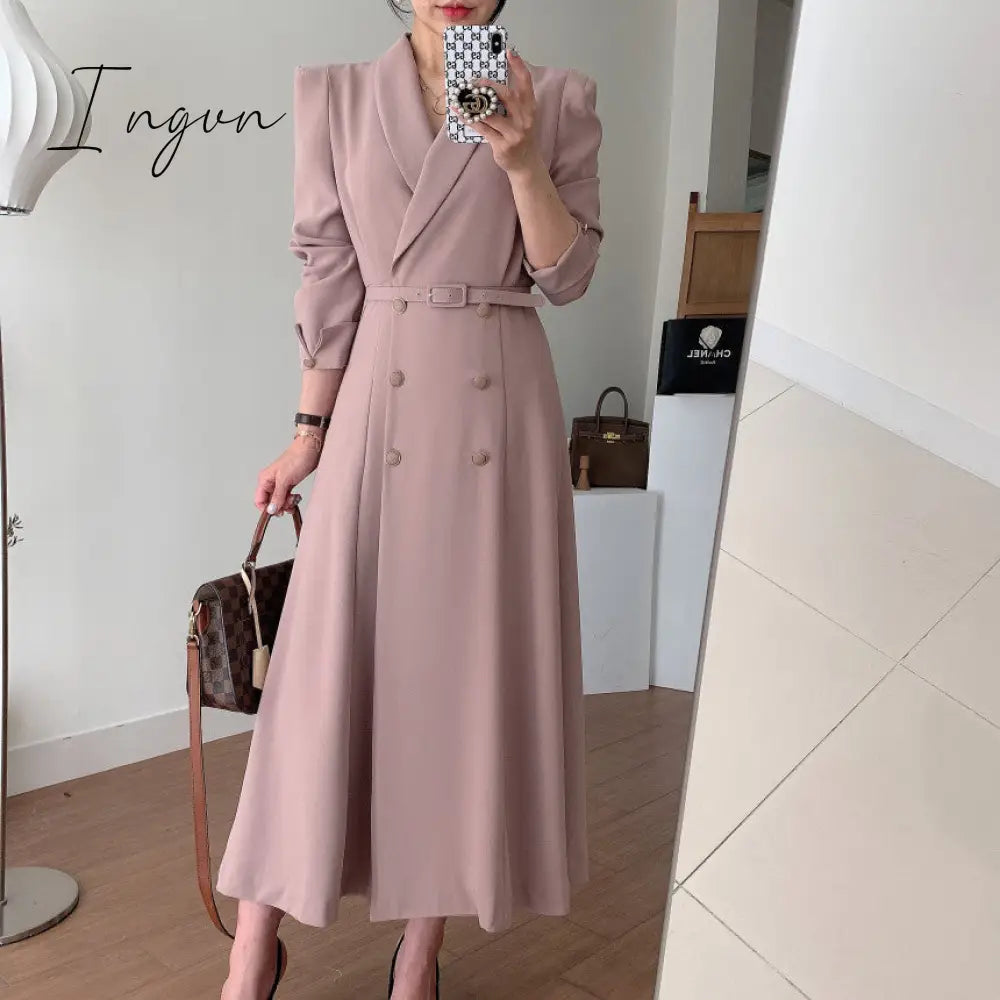 Ingvn - New French Spring Elegant Double Breasted Belted Sashes Women Suit Dress Autumn Office Long Sleeve Slim Waist Female Dress