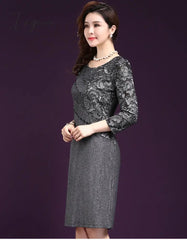 Ingvn - Women Sexy Dress autumn Elegant Women Winter 3/4 Sleeve Knee Length Vintage Ol Work Wear Bodycon Lace Crochet Dresses 4XL