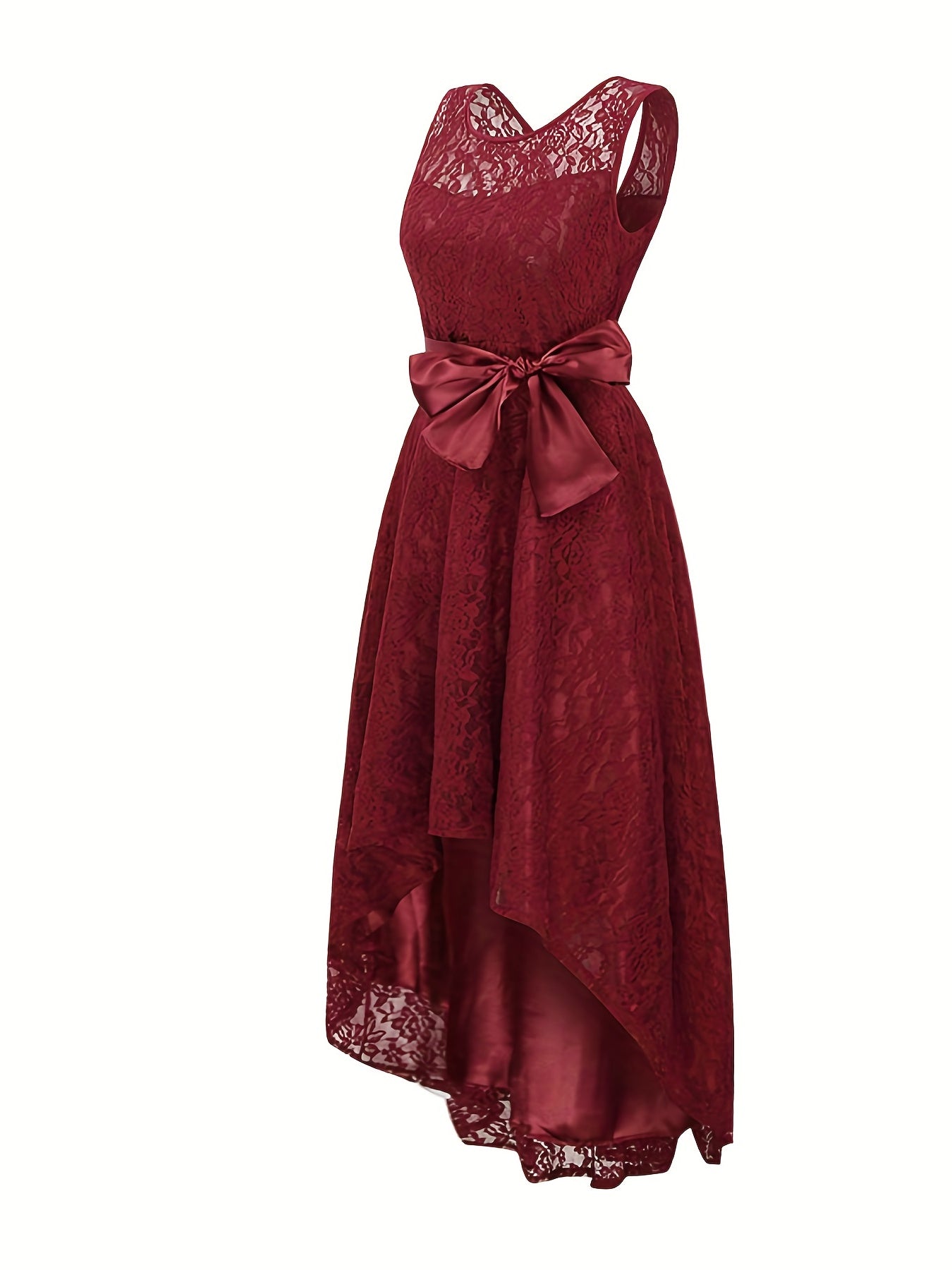 Lace High Low Hem A-line Dress, Elegant Sleeveless Tie Waist Dress For Party & Banquet, Women's Clothing For Party Dressing