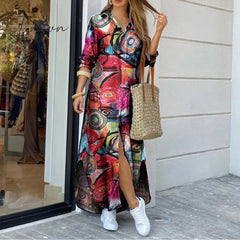 Ingvn - Long Sleeve Dress Checked Plaid Robe Maxi Beach Dress Summer Elegant Women Button Long Shirt Dress Split Print Lapel Party Robe