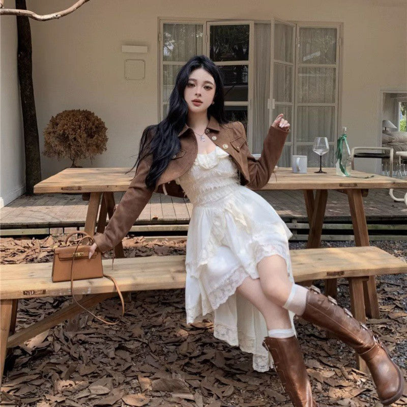 Pphmm 2000s fashion Pure Desire Temperament Sling Dress Women's Early Autumn Popular Suit Retro Motorcycle Short Coat Two-Piece Set