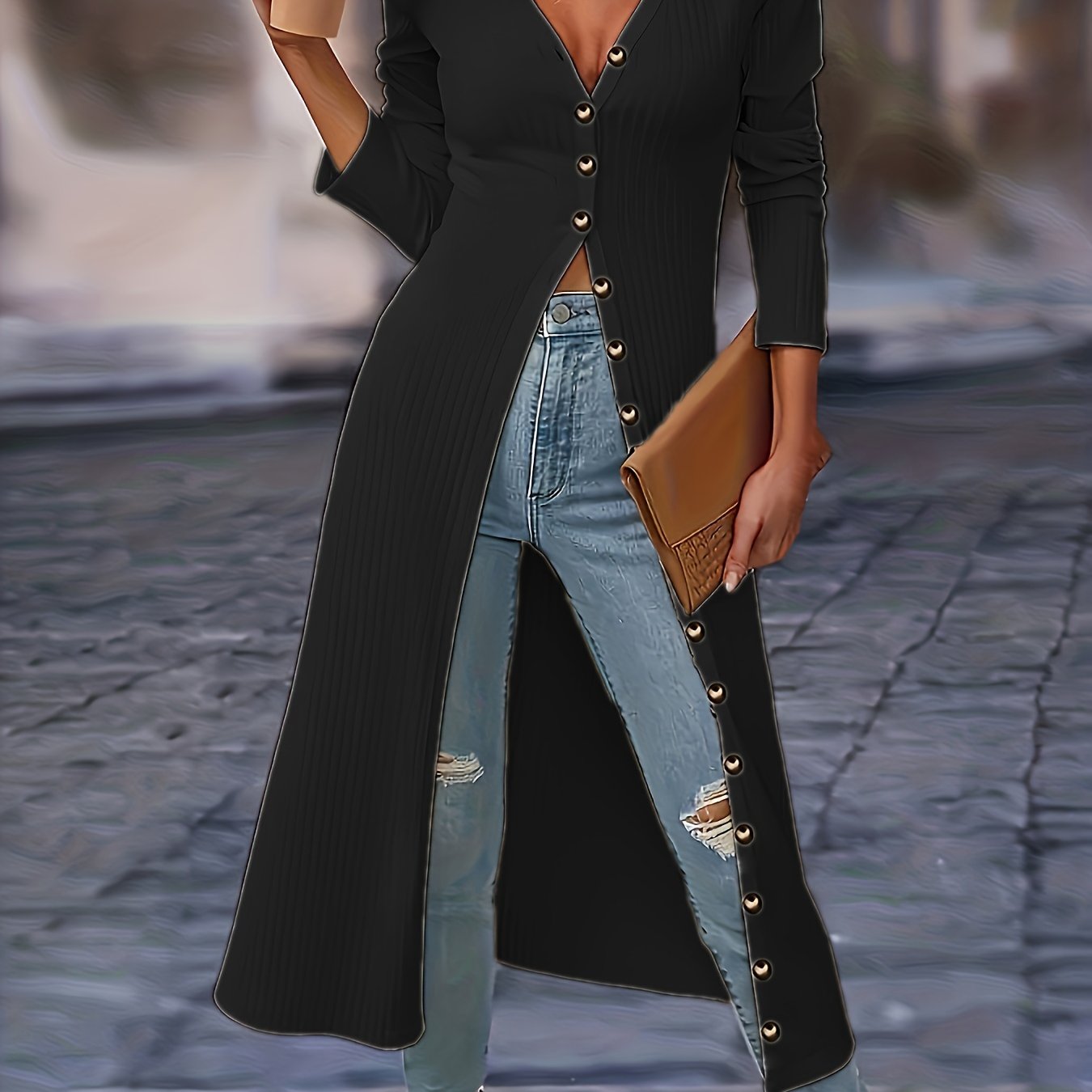 Womens Chic Solid Knit Cardigan - Soft Button Down, Long Sleeve, Slim Fit, Long Length - Perfect for Layering, Elegant Casual Wear