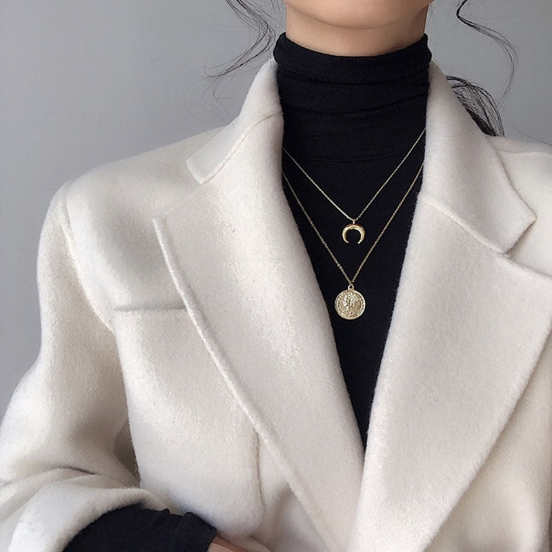 Retro Portrait Exaggerated Thick Chain Necklace Double Layer Cool Chain Hip Hop Necklace Short Clavicle Chain Accessories