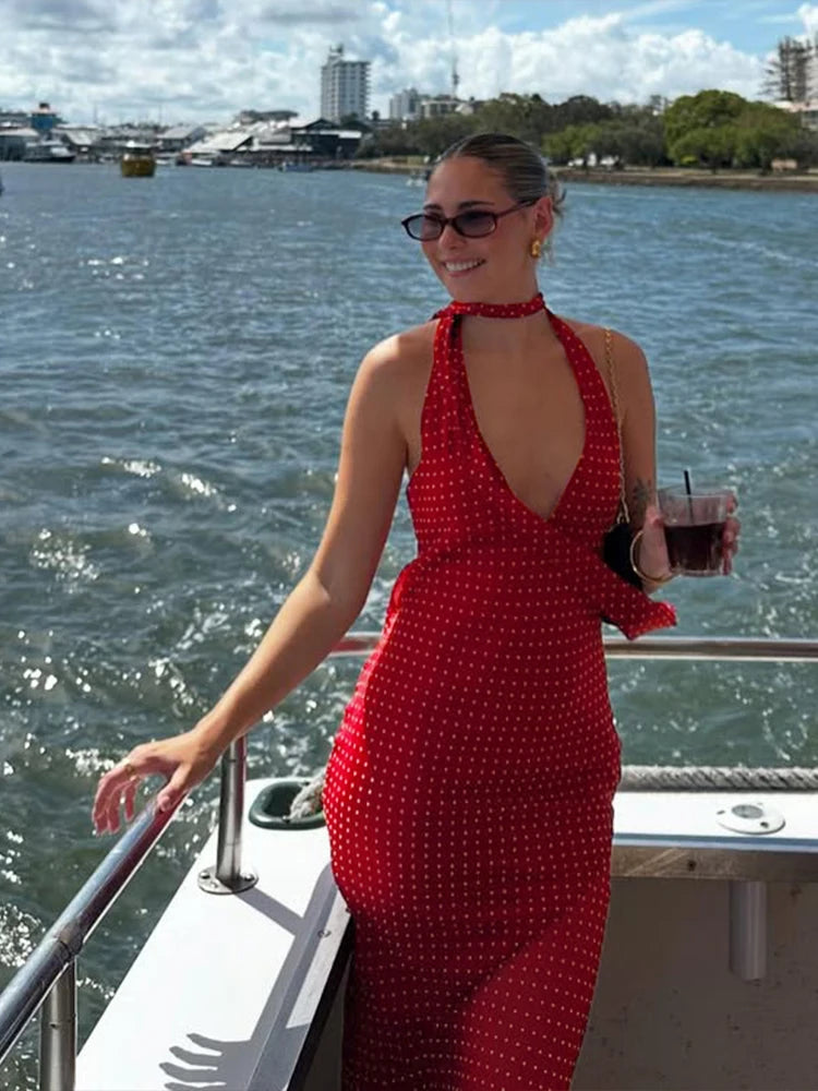 Fashion Polka Dot Print Maxi Dress Women Scarf+Halter Low-Neck Bandage Backless Robe Vacation Trend Elegant Vestidos