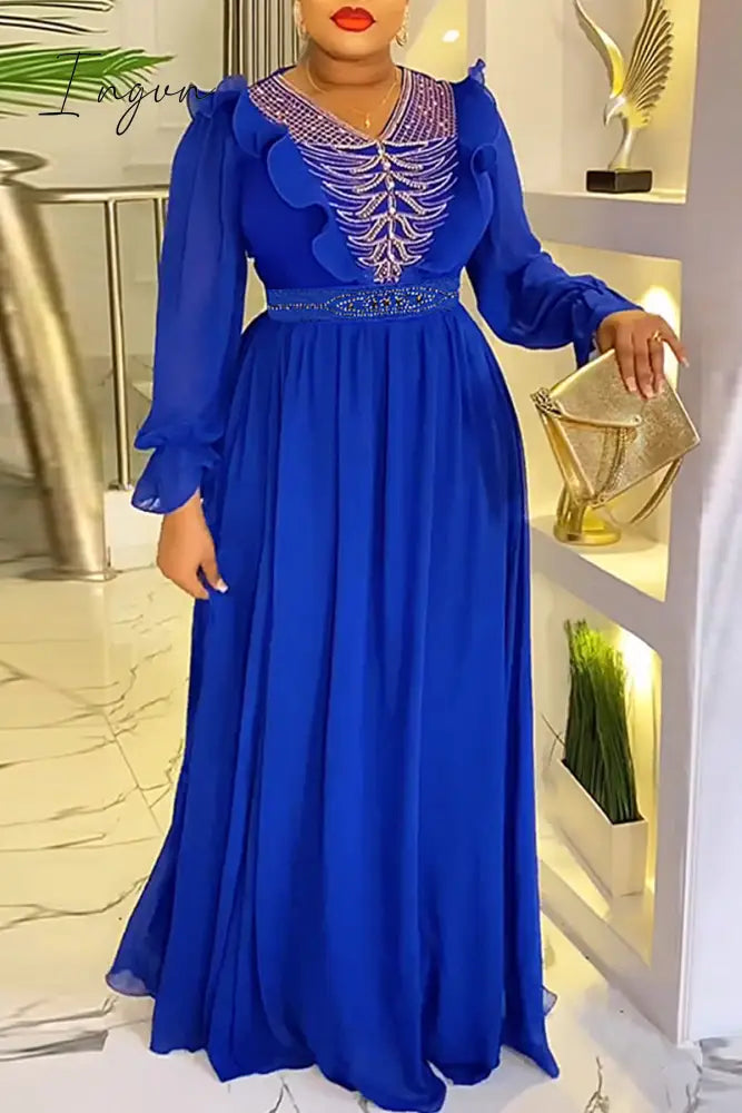 Ingvn - White Sweet Hot Drilling Patchwork Beading With Belt Zipper Stringy Selvedge O Neck Long Sleeve Plus Size Dresses