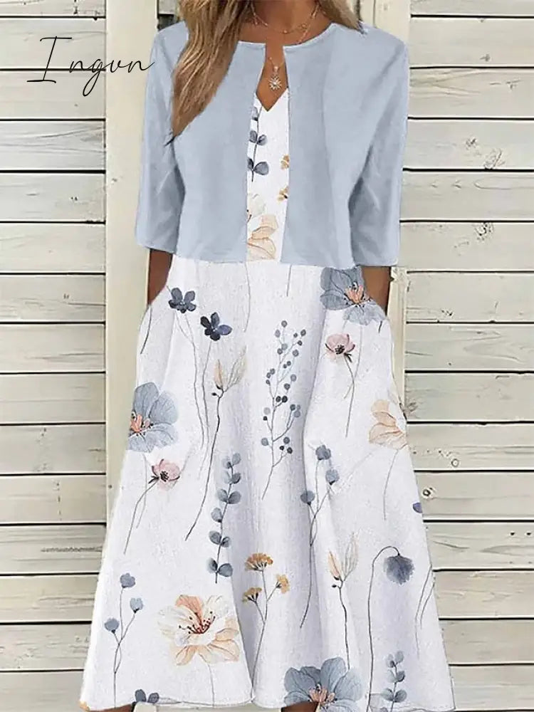 Ingvn - Women's Two Piece Dress Set Casual Dress Print Dress Outdoor Daily Fashion Elegant Pocket Print Midi Dress V Neck Half Sleeve Floral Regular Fit Pink Blue Purple Summer Spring S M L XL XXL