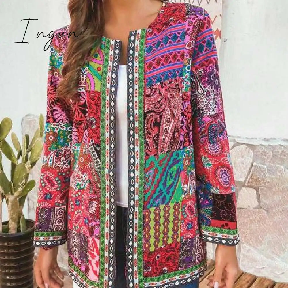 Ingvn - 6XL Jacket Coat Women Fashion Autumn Winter Ethnic Floral Print Long Sleeve Loose Jacket Coat Cardigan Loose Outerwear Chic Top