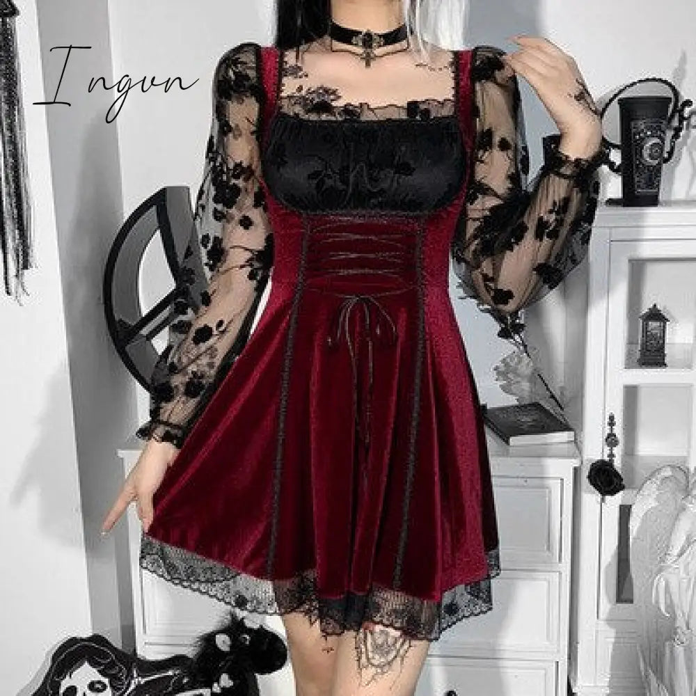 Ingvn - Halloween Gothic Lolita Dress,Lace Mini long sleeves Black Lace Draped Bodycon Goth Vintage Birthday for Women