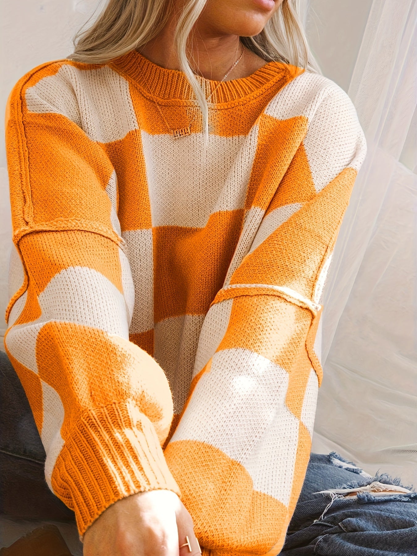 Cozy Plaid Crew Neck Sweater - Soft Micro Elasticity, Color Block Long Sleeve, Machine Washable - Casual Fall & Winter Fashion for Women