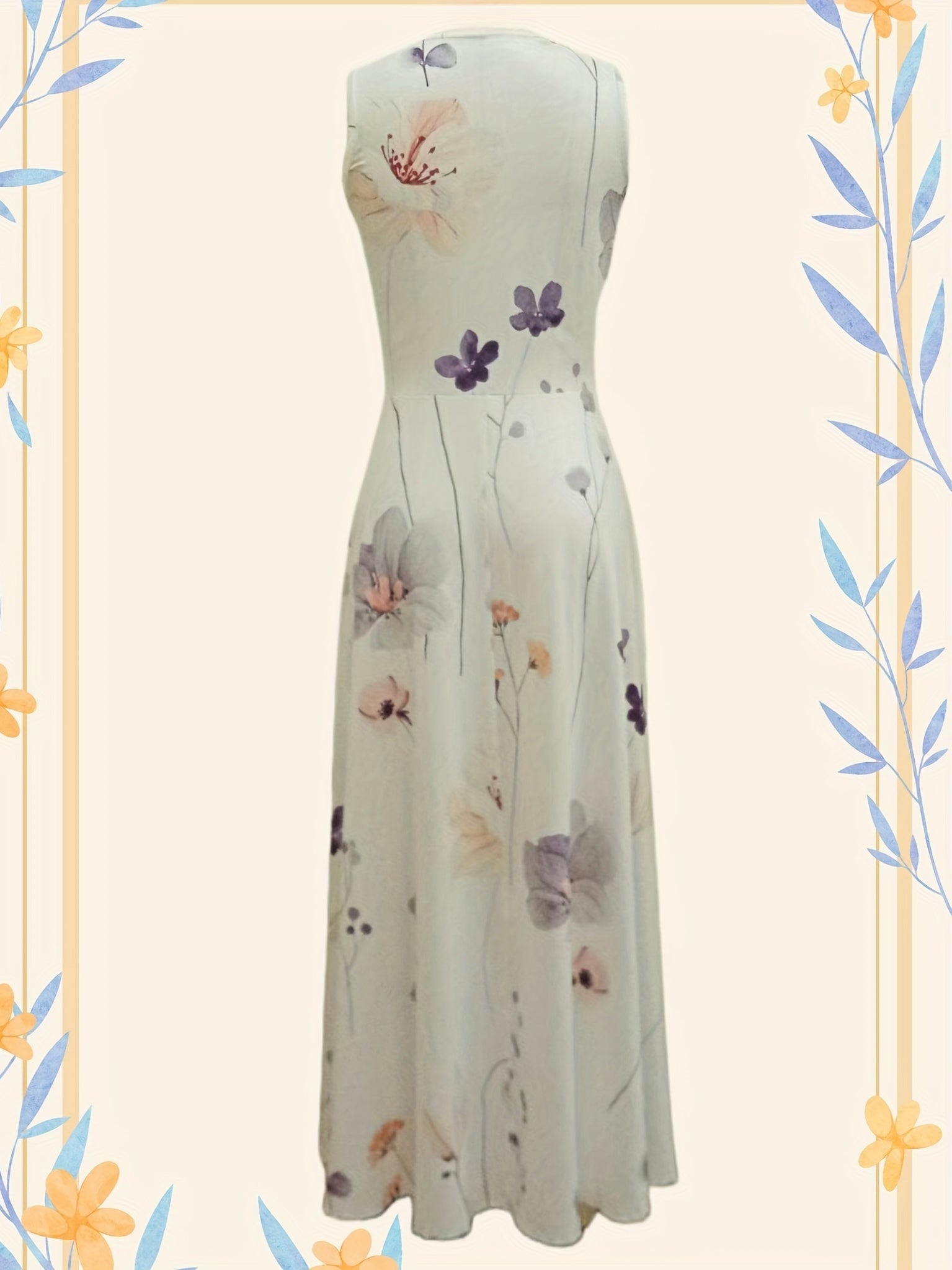 Floral Print Sleeveless Dress, Boho V Neck Simple Maxi Dress, Women's Clothing