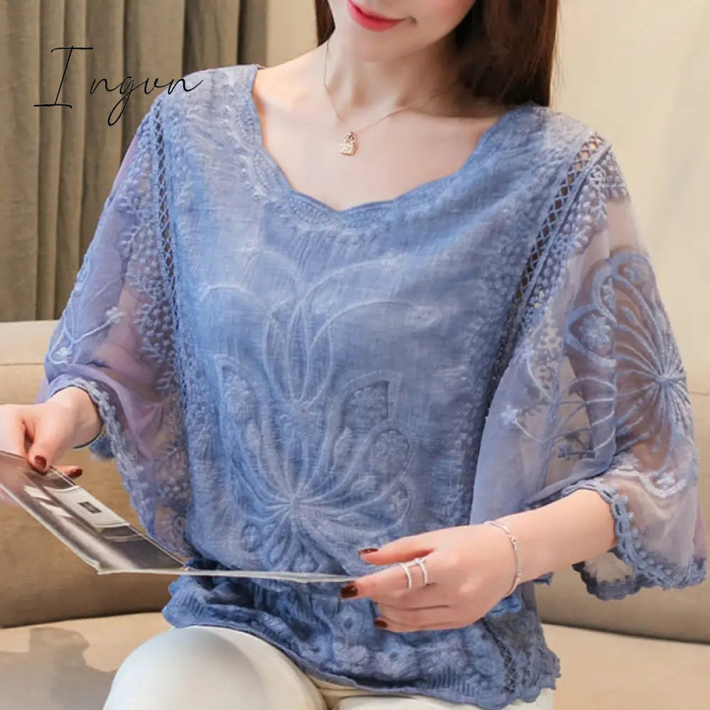 Ingvn - Spring Outfits 2023 Trends Summer Top Fashion Womens Tops and Blouses Ladies Tops Lace White Shirts Women Tops Blouse for Women Solid Hollow Out Sweet 4073