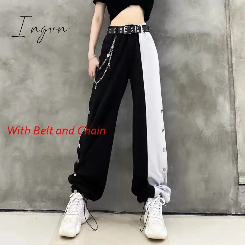 Ingvn - Women Fashion Contrast Cargo Pants Female New Arrival Elastic Waist Wide Leg Trousers Ladies Korean High Street Cotton Pant