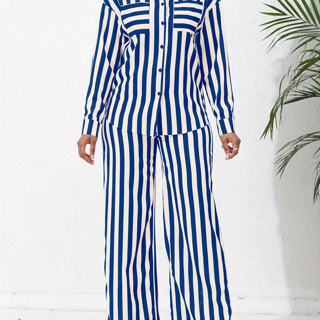 Chic Striped Print Two-Piece Outfit Set - Comfortable Button-Down Shirt & Flowy Wide Leg Pants - Casual Everyday Wear for Women