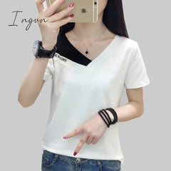 Ingvn - Fake Two Piece Tops Women T-Shirt Off Shoulder Tshirt Short Sleeve V-Neck Korea Fashion Summer Cotton Tee Shirt Femme