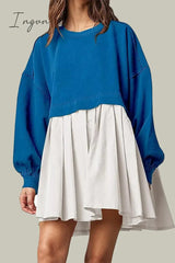 Ingvn - Casual Solid Patchwork Contrast O Neck Pleated Dresses