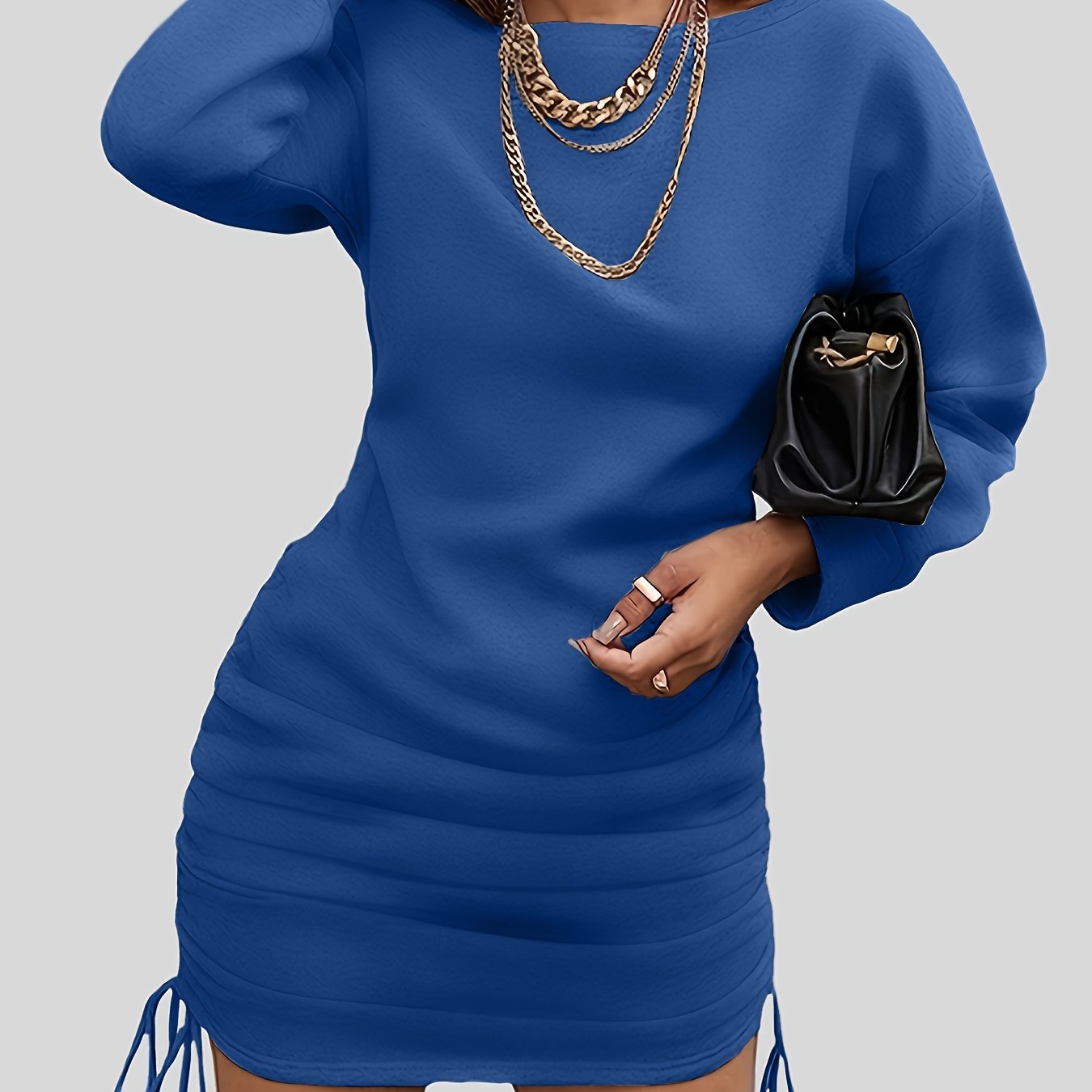 Women's Flattering Ruched Long Sleeve Dress - Adjustable Drawstring, Cozy Crew Neck Design, Versatile Casual Attire for Everyday Elegance