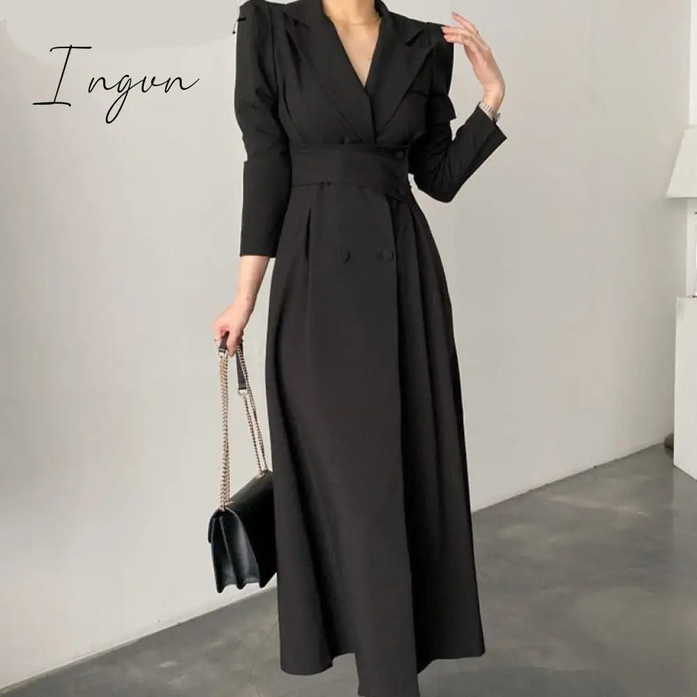 Ingvn - High Waisted Maxi Dresses for Women Long Sleeve Double Breasted Chic Korean Fashion Notched Vestido De Mujer Elegant Vintage Y2k