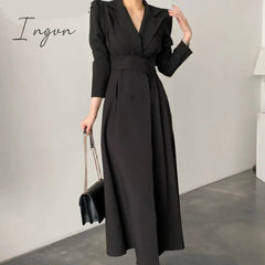 Ingvn - High Waisted Maxi Dresses for Women Long Sleeve Double Breasted Chic Korean Fashion Notched Vestido De Mujer Elegant Vintage Y2k
