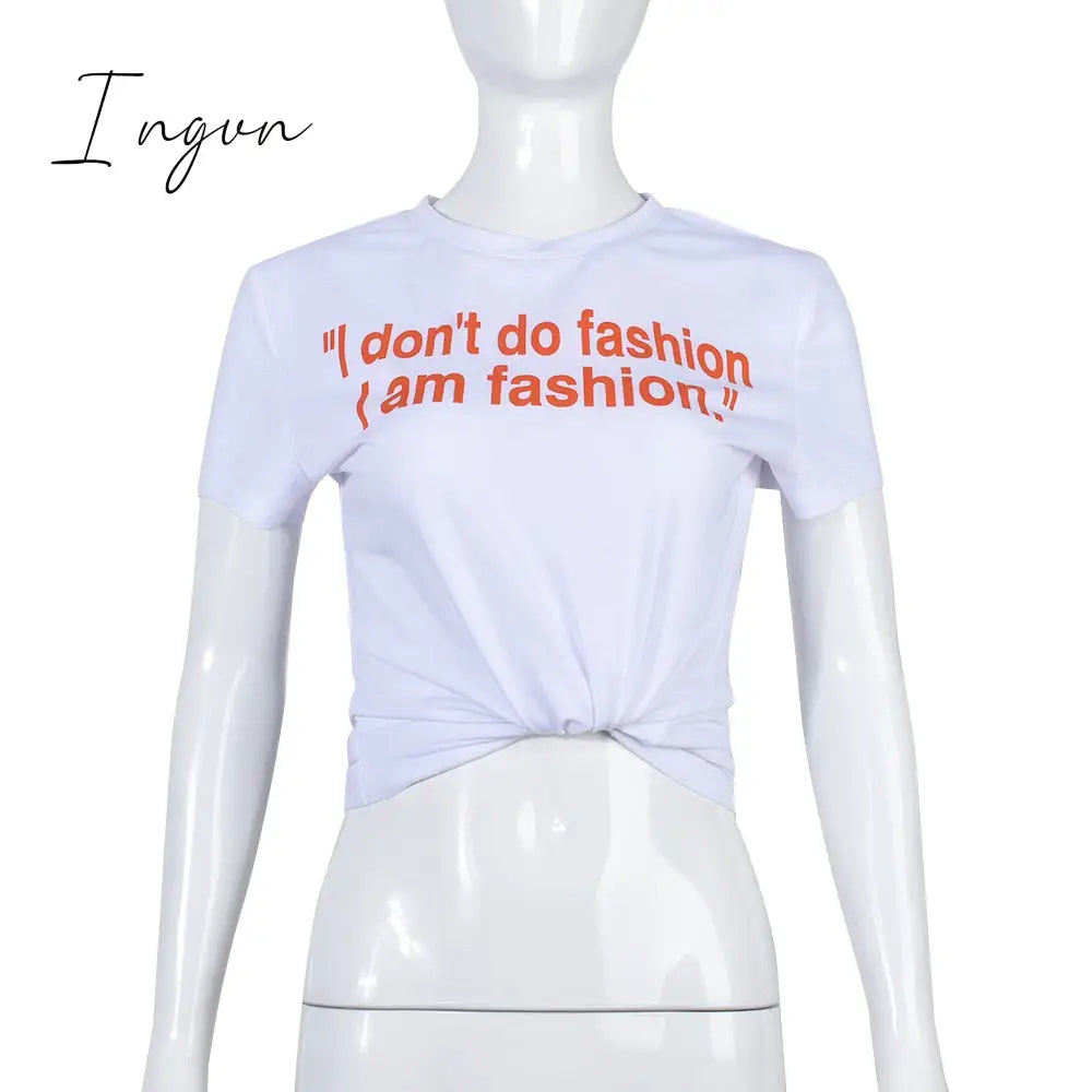 Ingvn - Y2K White Crop T Shirt Women Letter Print O-Neck Short Sleeve Casual Crop Tops Fashion Cute Streetwear Summer Slim Tees