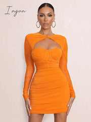 Ingvn - Hollow Out Ruched Sexy Mini Dress For Women Robe New Two Layer Mesh Sheer Long Sleeve Bodycon Sexy Party Short Dress