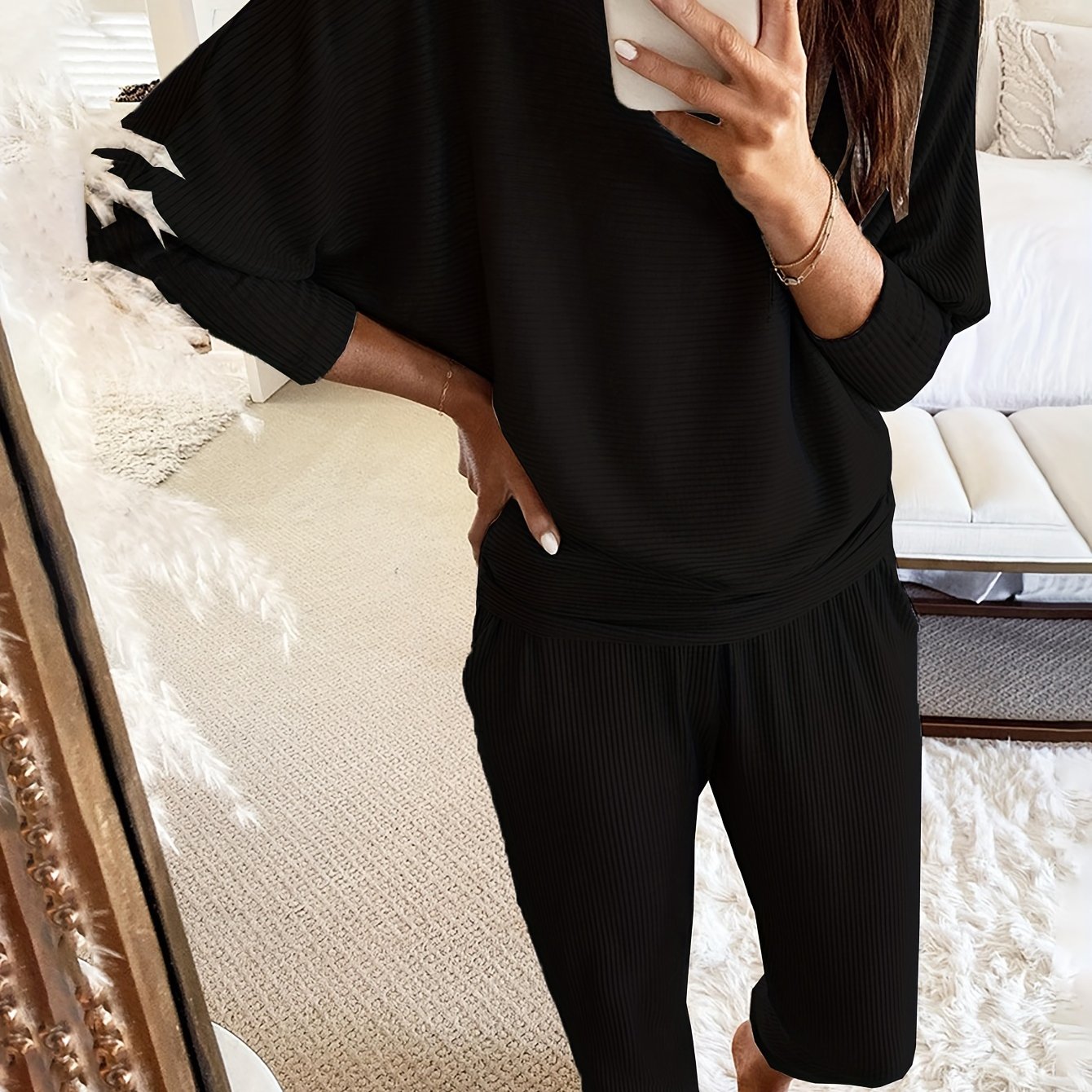 Cozy Womens Ribbed Lounge Set - Soft High-Elasticity Polyester, Crew Neck, Batwing Sleeve, Relaxed Fit, Pockets, Machine Washable, Perfect for Fall and Winter Season