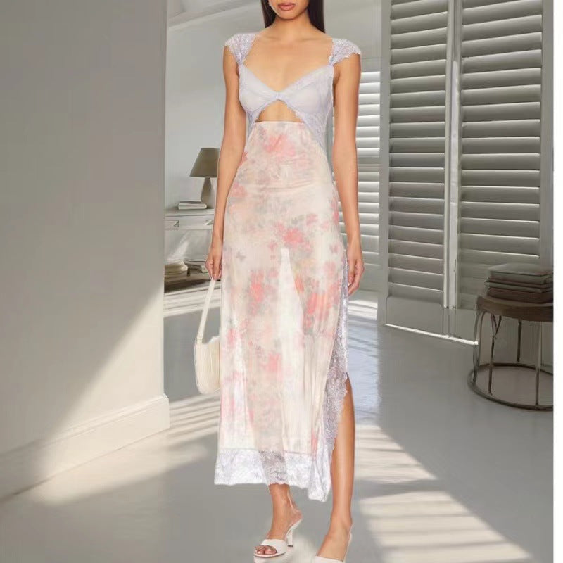 Summer New  Lace Backless Shoulder Strap Stitching Vented Color Long dress Women's Clothing